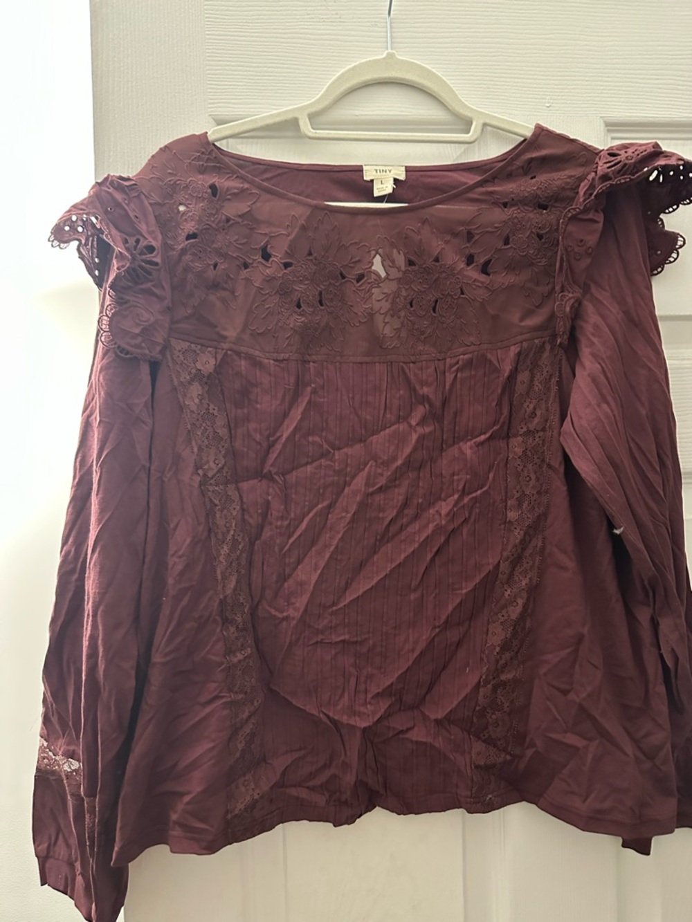 Anthropologie Wine Ruffle long sleeve top